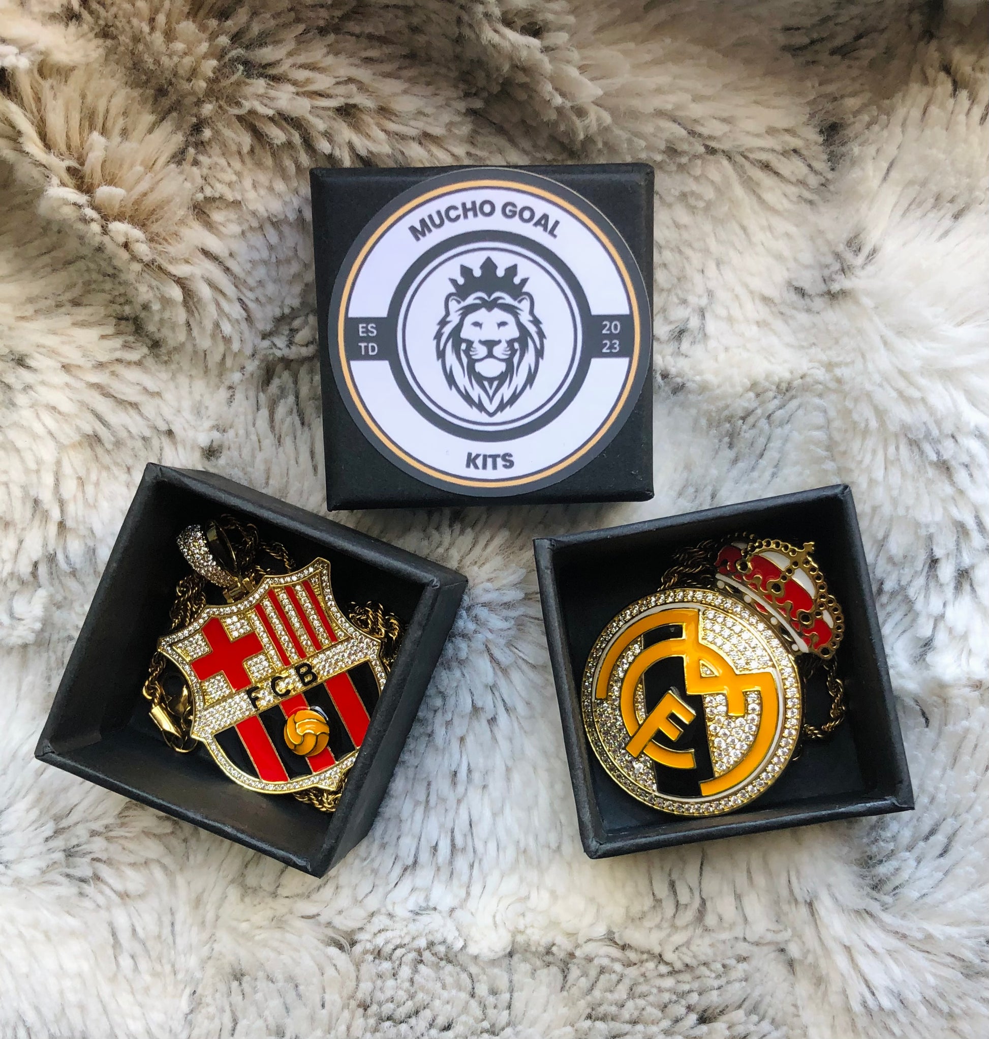 FC Barcelona necklace with Real Madrid badge pendant. Soccer Necklace.
