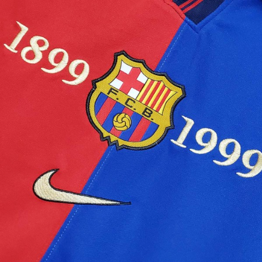 1999 FC Barcelona Home 100th Anniversary Retro Soccer Jersey front side close up 1999 Barcelona Jersey - Barcelona Jersey 1999 | MuchoGoal Kits