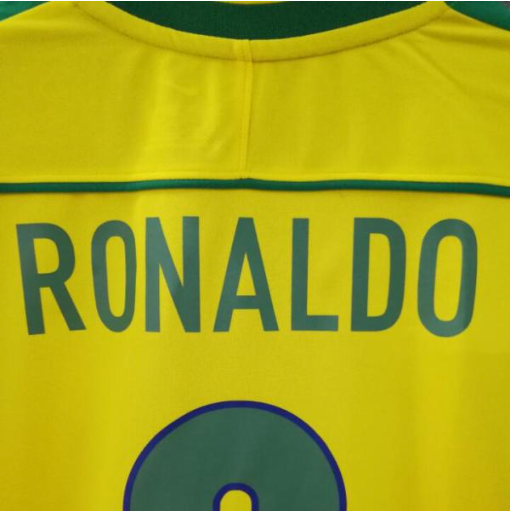 Back side Close-up of the World Cup 1998 Ronaldo Brazil Home Retro Soccer JerseyRonaldo 1998 Brazil Shirt - 1998 Brazil Shirt | MuchoGoal Kits